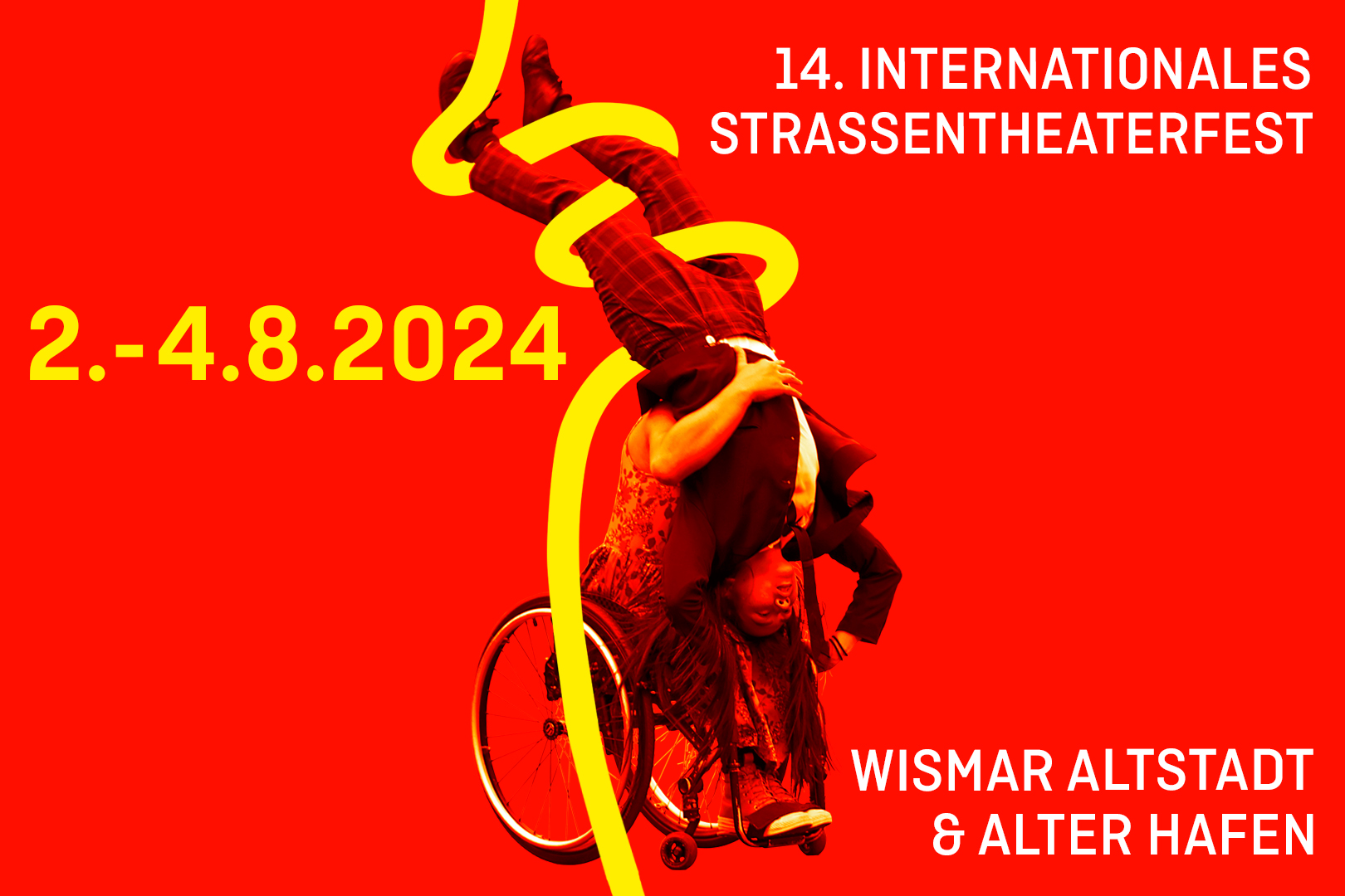 Foto auf roten Hintergrund. Zwei Personen sind in akrobatischer Pose abgebildet. Eine Person macht einen Kopfstand auf dem Schoß der zweiten Person, die im Rollstuhl sitzt und mit den Armen den Kopfstand stützt. Eine gelbe Linie wurde grafisch in das Bild